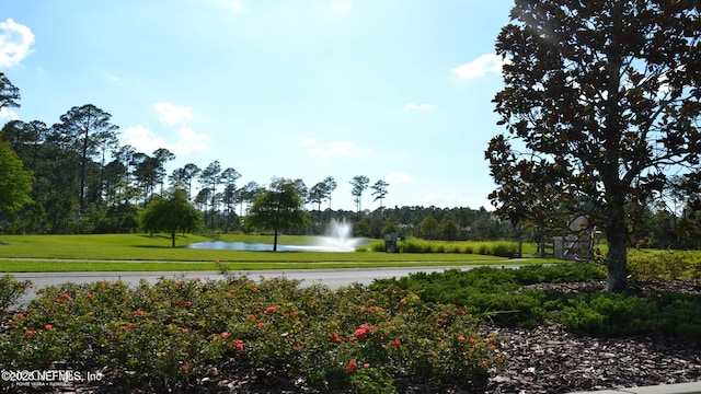 view of property's community featuring a lawn and a water view