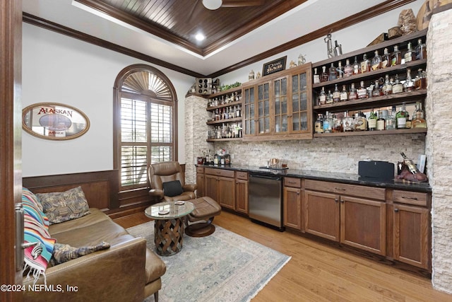 bar with dishwasher, dark stone counters, crown molding, light hardwood / wood-style floors, and wood ceiling