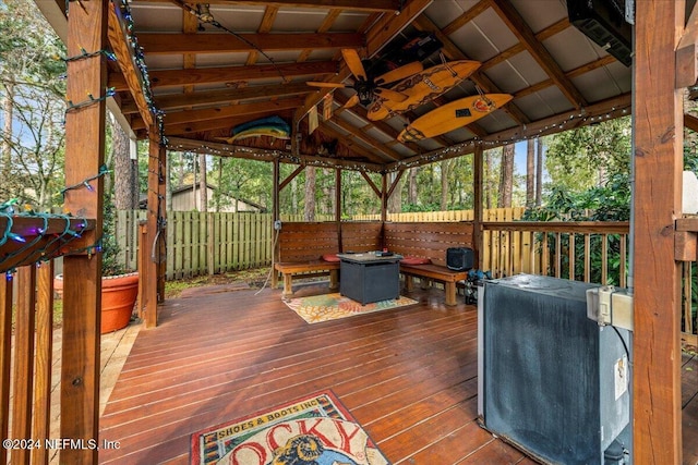 deck featuring a gazebo and ceiling fan