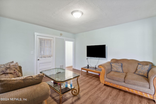 living room with wood-type flooring and a textured ceiling