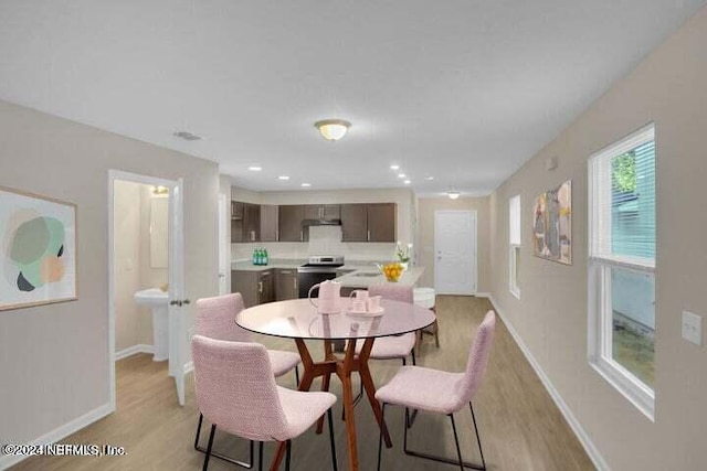 dining space featuring light wood-type flooring