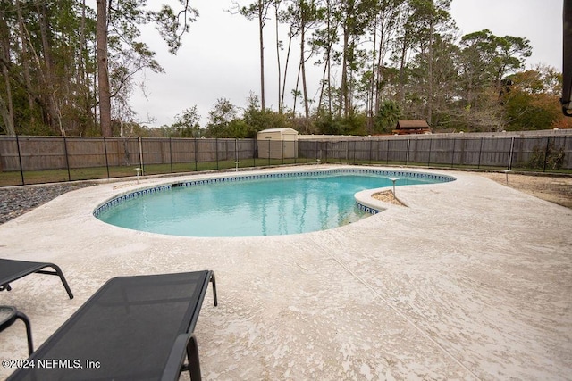 view of swimming pool with a storage unit and a patio