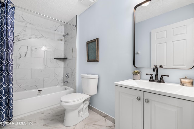 full bathroom featuring vanity, shower / tub combo, a textured ceiling, and toilet