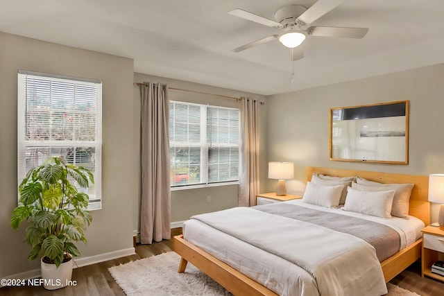 bedroom with multiple windows, ceiling fan, and dark hardwood / wood-style flooring