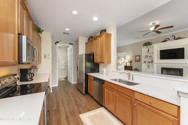 kitchen featuring stainless steel appliances, ceiling fan, sink, wood-type flooring, and a premium fireplace