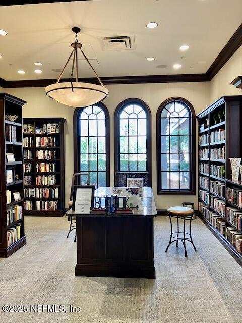 office featuring crown molding and carpet flooring