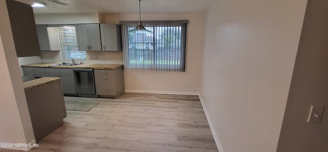 kitchen with pendant lighting, dishwasher, gray cabinetry, backsplash, and sink