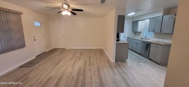 kitchen with gray cabinetry, backsplash, light hardwood / wood-style flooring, stainless steel dishwasher, and ceiling fan