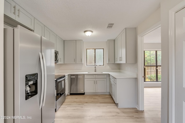 kitchen with sink, light hardwood / wood-style floors, a textured ceiling, and appliances with stainless steel finishes