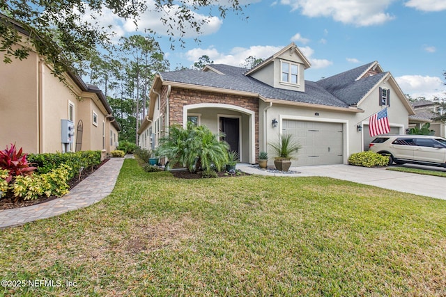 view of front facade featuring a front lawn and a garage