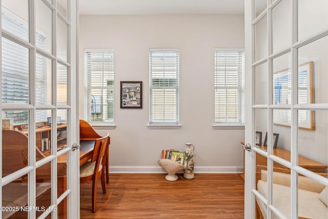 home office featuring wood-type flooring and french doors