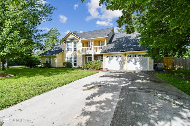 front facade with a balcony, a front lawn, and a garage