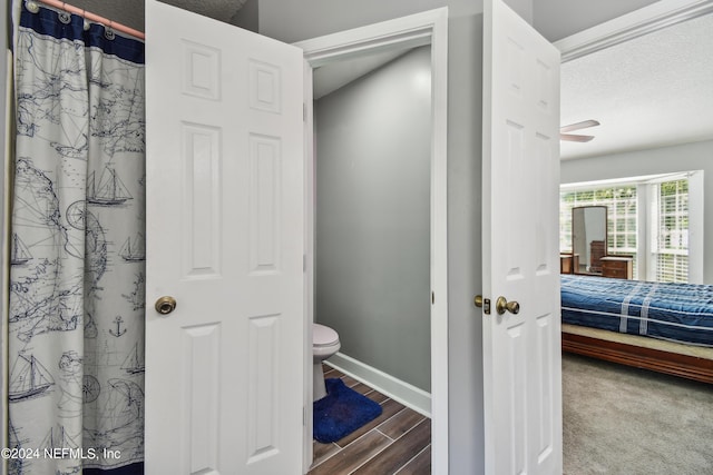 bathroom featuring ceiling fan, toilet, and a textured ceiling