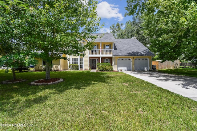 view of front of house featuring a balcony and a front lawn