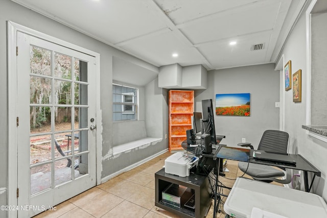 home office with light tile patterned floors