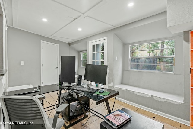 home office with light tile patterned floors