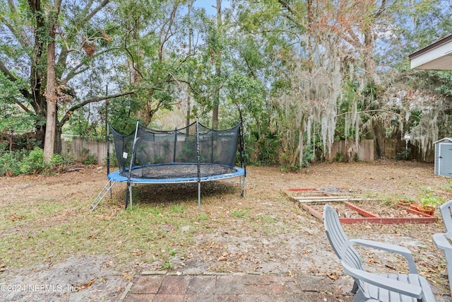 view of yard with a shed and a trampoline