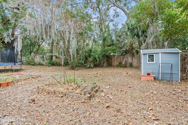 view of yard featuring a storage unit and a trampoline