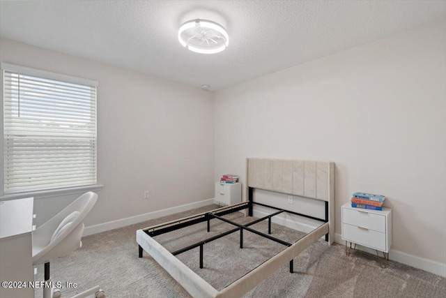 carpeted bedroom with a textured ceiling