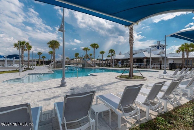 view of swimming pool featuring a patio