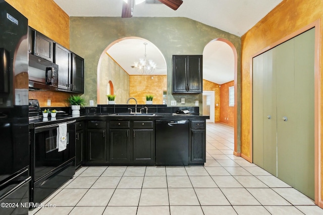 kitchen with sink, decorative light fixtures, vaulted ceiling, black appliances, and ceiling fan with notable chandelier