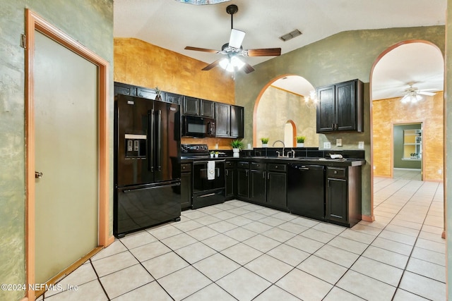 kitchen with ceiling fan, black appliances, and vaulted ceiling