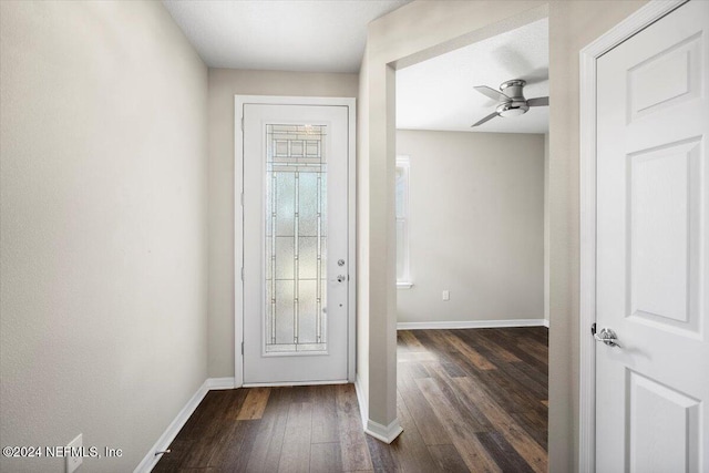 foyer entrance featuring ceiling fan and dark wood-type flooring