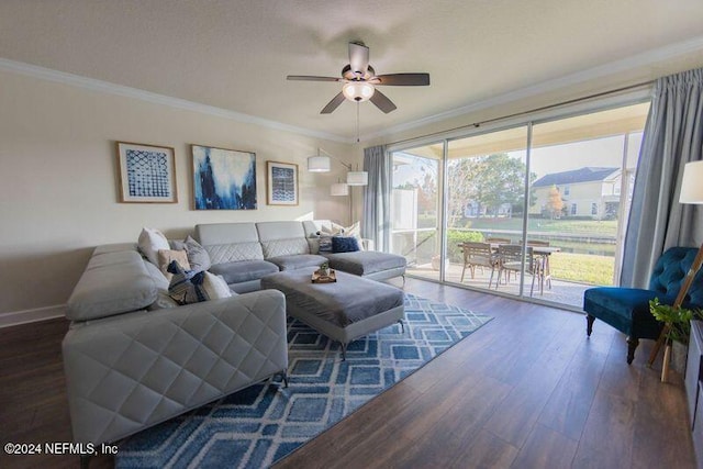 living room with ceiling fan, crown molding, and dark wood-type flooring