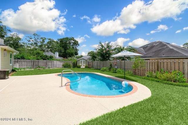 view of pool with a shed, a yard, and a patio