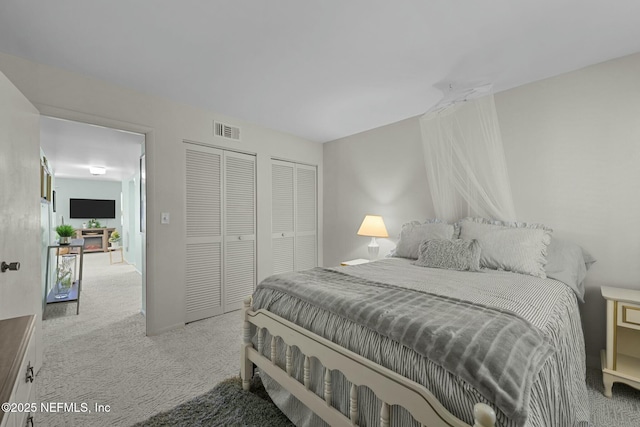 carpeted bedroom with two closets