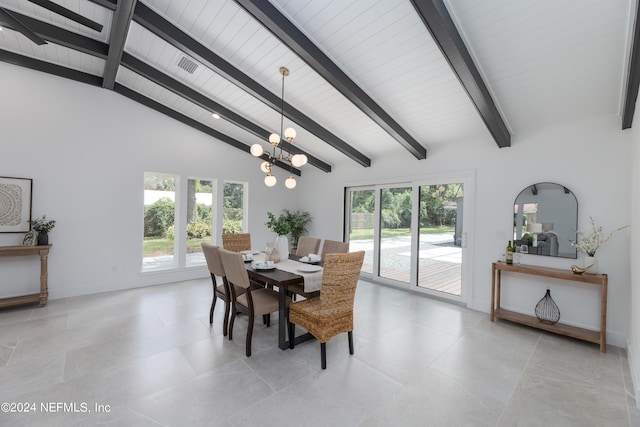 dining room with beamed ceiling, wood ceiling, high vaulted ceiling, and an inviting chandelier