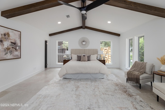 bedroom featuring lofted ceiling with beams and ceiling fan