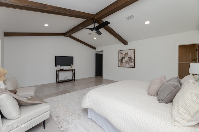 bedroom with ceiling fan and lofted ceiling with beams