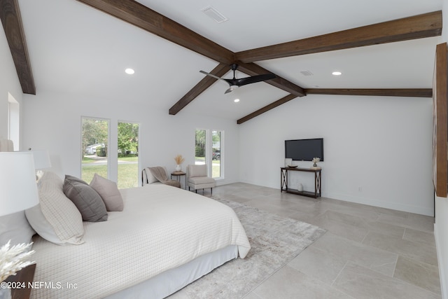 bedroom featuring lofted ceiling with beams and ceiling fan