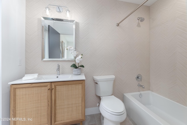 full bathroom featuring bathtub / shower combination, tile patterned floors, vanity, and toilet