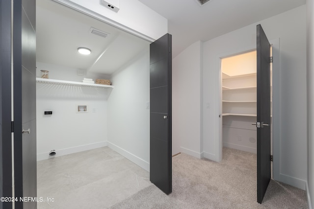 washroom with light carpet, washer hookup, and hookup for an electric dryer