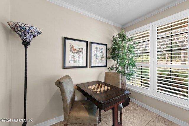 tiled home office with a textured ceiling and crown molding