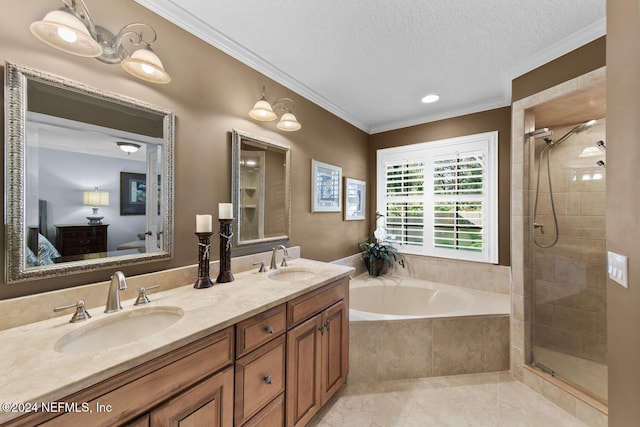 bathroom featuring tile patterned flooring, crown molding, a textured ceiling, shower with separate bathtub, and vanity