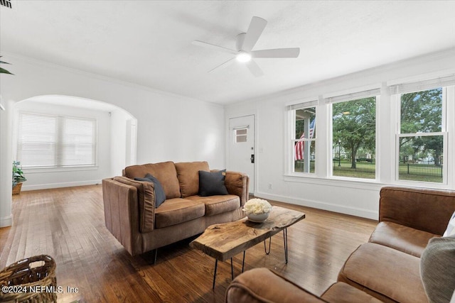 living room with light hardwood / wood-style flooring, ceiling fan, and ornamental molding