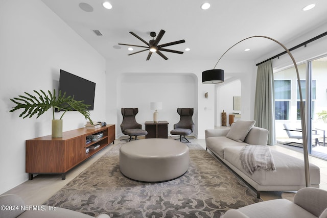 living room with ceiling fan