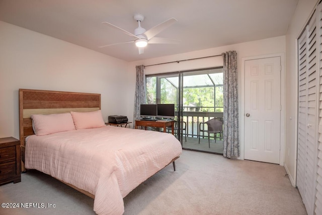 bedroom featuring access to exterior, carpet, and ceiling fan