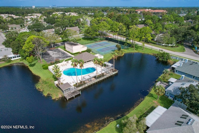 drone / aerial view featuring a water view