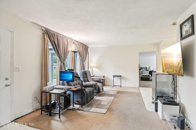 living room with a textured ceiling and light colored carpet