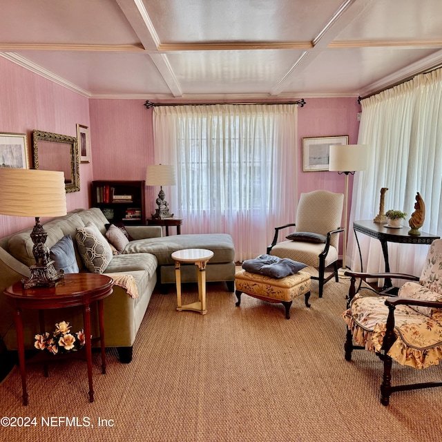 carpeted living room with beamed ceiling, crown molding, and coffered ceiling