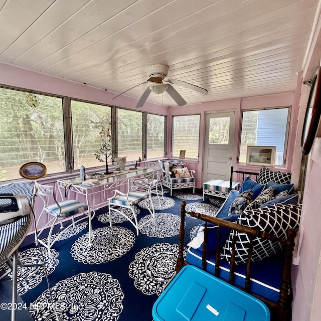 sunroom / solarium featuring ceiling fan and wooden ceiling