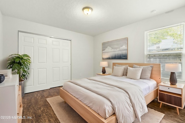 bedroom with dark wood-type flooring and a closet