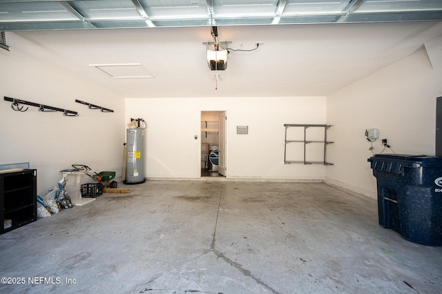 garage featuring a garage door opener and water heater