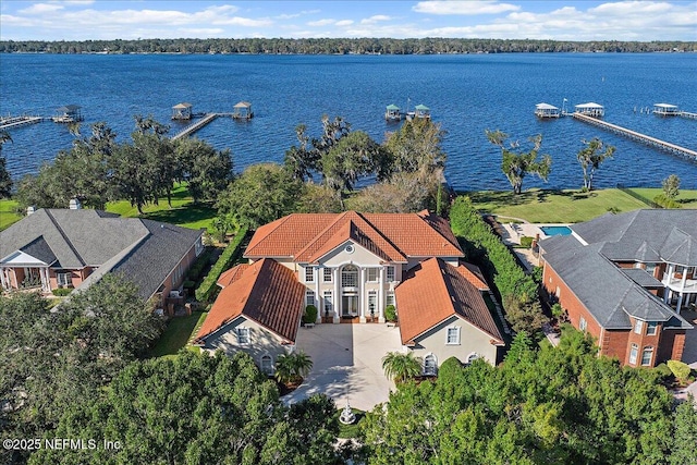 drone / aerial view with a water view