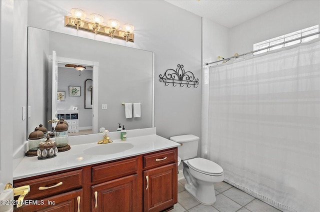 bathroom with ceiling fan, tile patterned flooring, vanity, and toilet