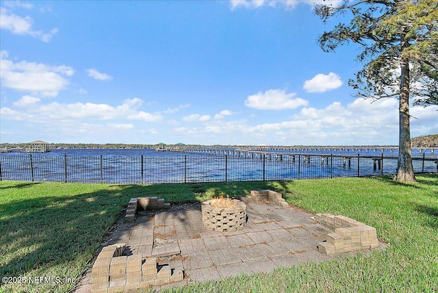 view of patio featuring a water view